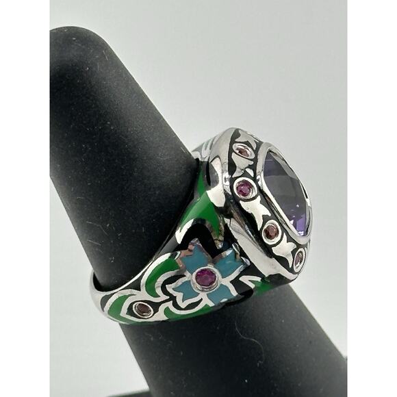 Sterling 925 Ring w/ Enamel and Faceted Purple and Pink Stones Size 6 - Picture 4 of 8